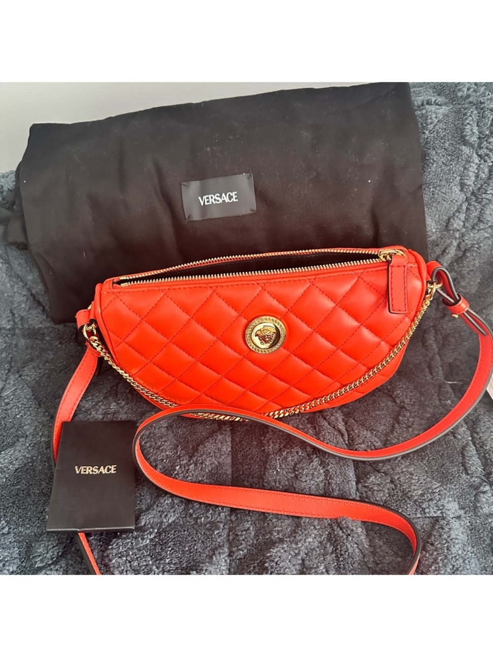 Versace Orange Quilted Leather Crossbody Bag with Gold Chain